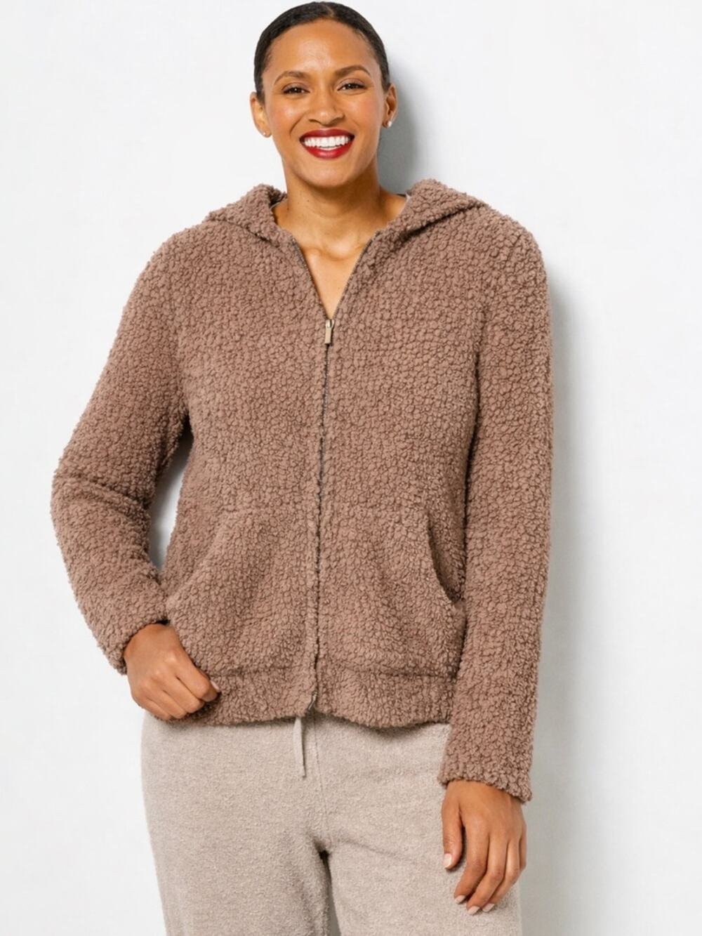 Barefoot Dreams CozyChic Zip Hoodie Taupe Cropped Boucle Plush Teddy Jacket Sz M